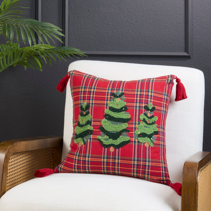 Plaid Tufted Christmas Tree Throw Pillow with Tassel Corner Accents