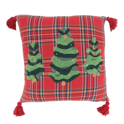 Plaid Tufted Christmas Tree Throw Pillow with Tassel Corner Accents
