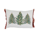 Embroidered Christmas Trees Lumbar Throw Pillow with Red Fringe