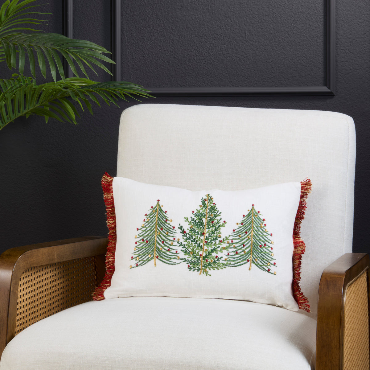 Embroidered Christmas Trees Lumbar Throw Pillow with Red Fringe