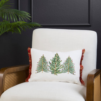 Embroidered Christmas Trees Lumbar Throw Pillow with Red Fringe