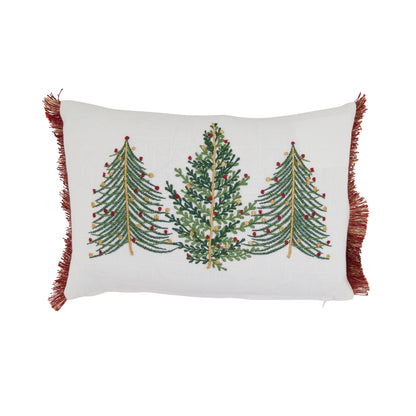 Embroidered Christmas Trees Lumbar Throw Pillow with Red Fringe