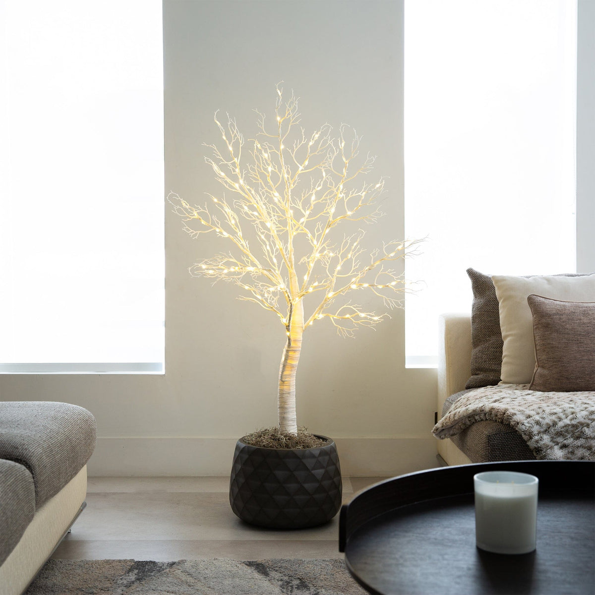 4' Pre-Lit Artificial White Twig Tree with 160 Warm White LED Lights