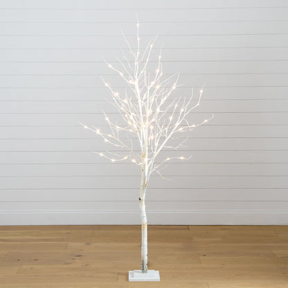 6' Pre-Lit Artificial White Birch Tree with 90 White LED Lights