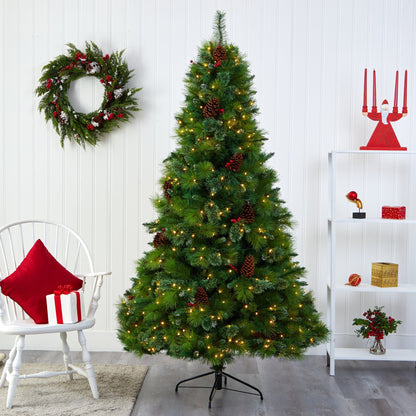 7' Montana Mixed Pine Artificial Christmas Tree with Pine Cones, Berries and 500 Clear LED Lights