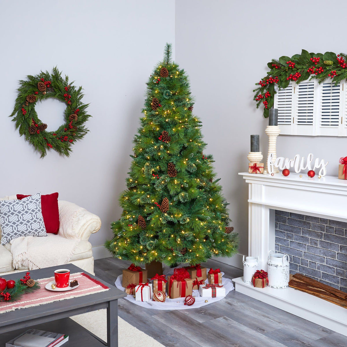 7' Montana Mixed Pine Artificial Christmas Tree with Pine Cones, Berries and 500 Clear LED Lights