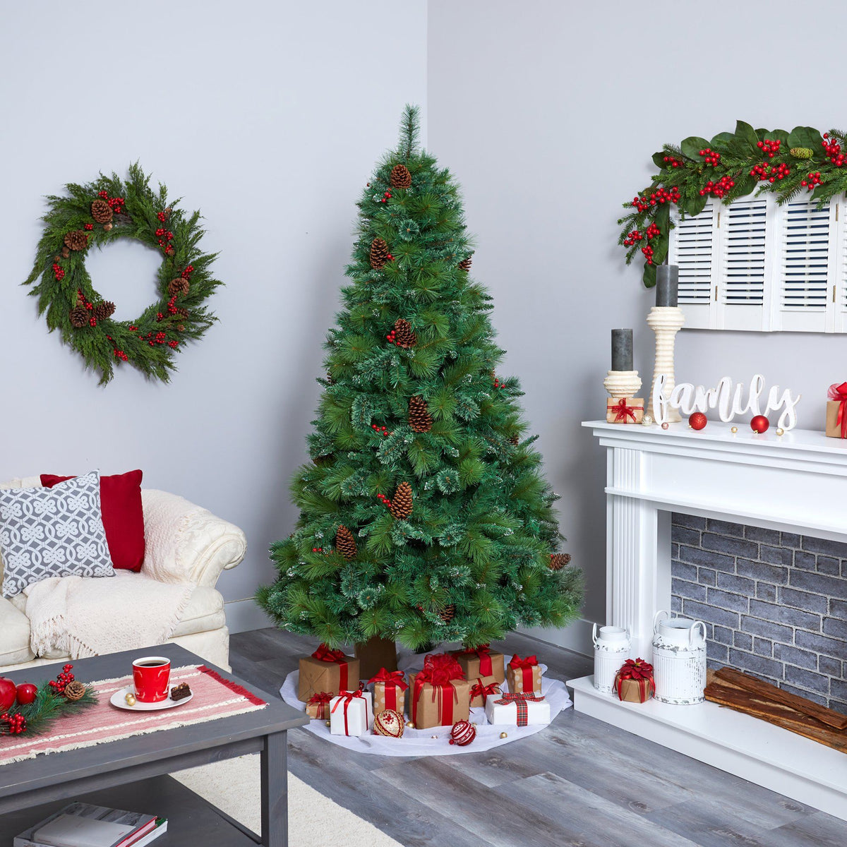 7' Montana Mixed Pine Artificial Christmas Tree with Pine Cones, Berries and 500 Clear LED Lights